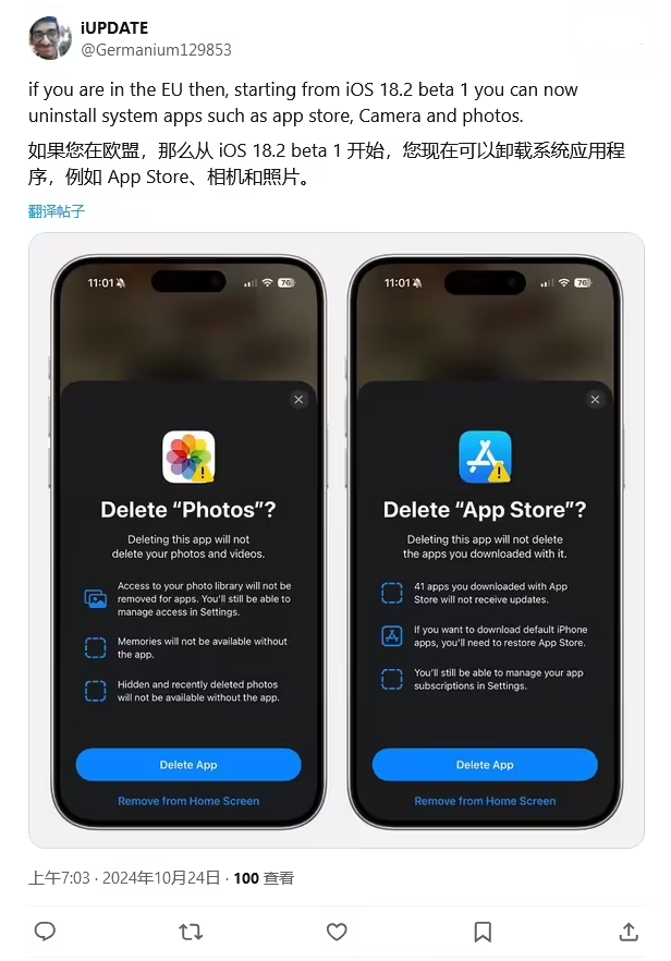 茂名苹果手机维修分享iOS 18.2 支持删除 App Store 应用商店 